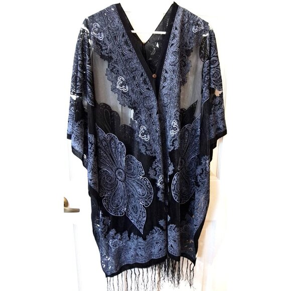 Unbranded OSFM Sheer Cover Up Fringe Black White Boho Artsy - Picture 2 of 7